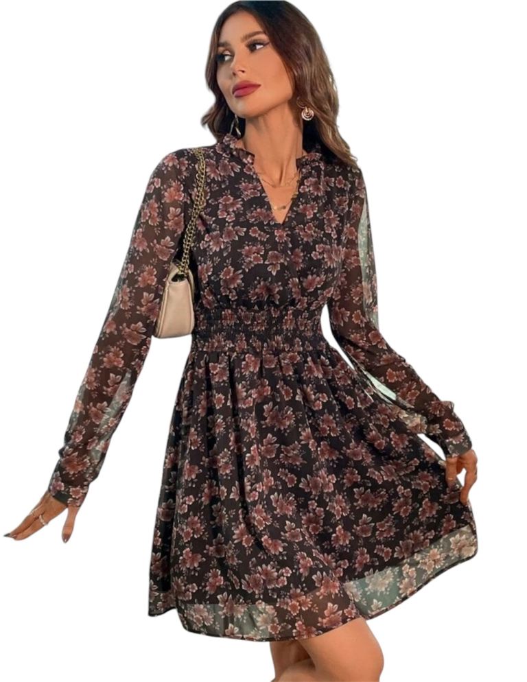 Womans Floral Print Waist Tie Plunging Neckline Long Sleeve Dress Size Large 12-14
