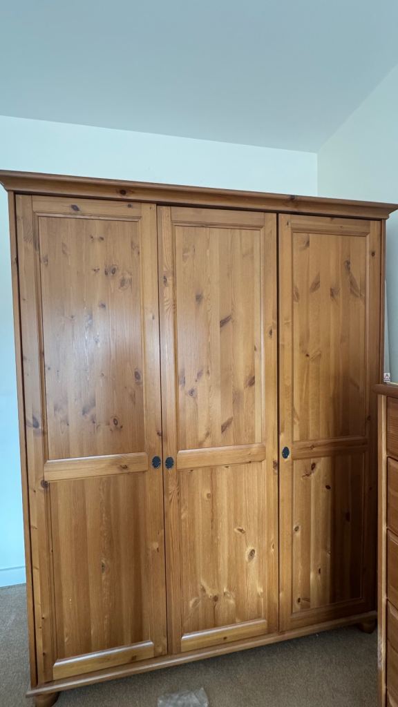 IKEA LEKSVIK Solid Pine 3 Door Wardrobe Antique Stain Large Wooden Wardrobe 