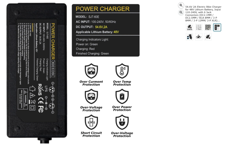 54.6V 2A Electric Bike Charger for 48V Battery, 110-240V, 6 Jacks|| Brand new 50% off price 