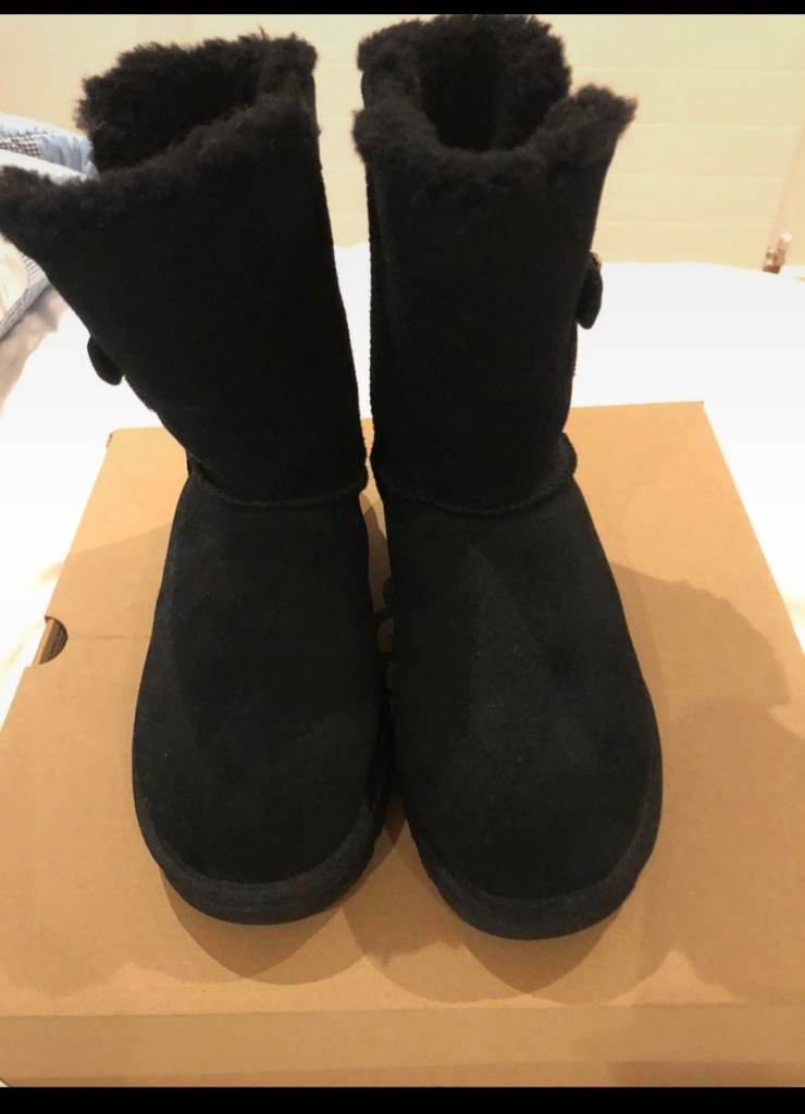 New boxed UGG black suede boots With UGG silver Velcro detail to side of boot