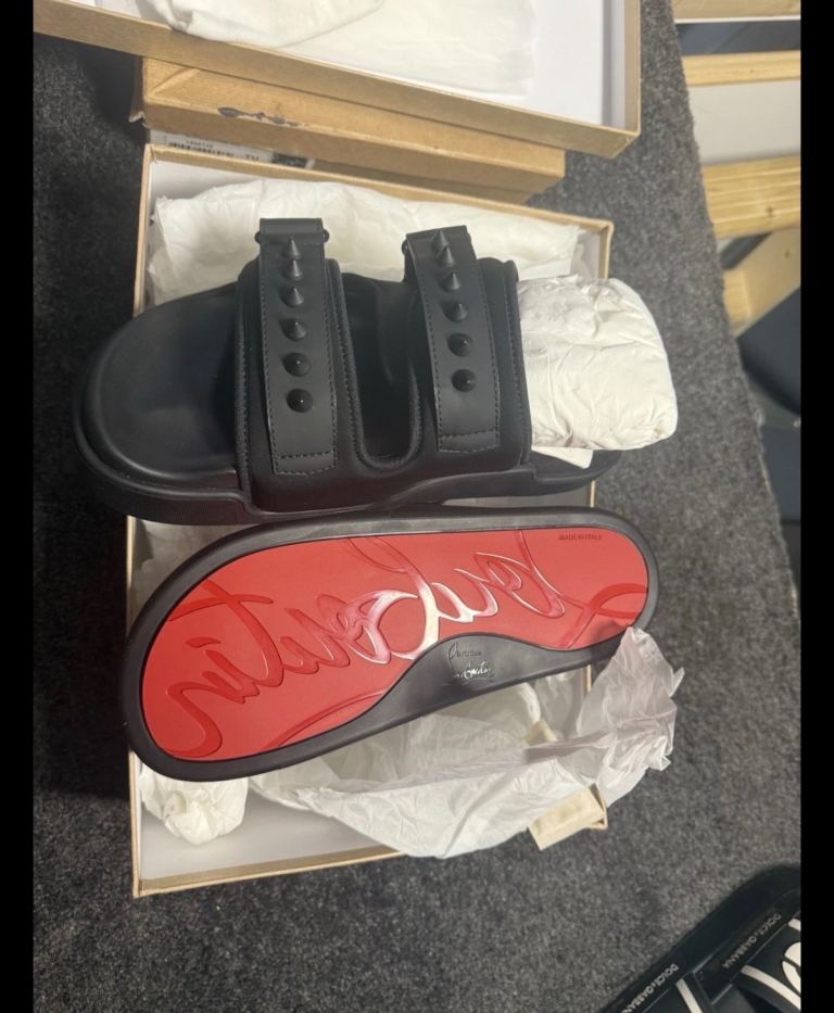 Men’s louboutin pool daddy sliders and man bag 
