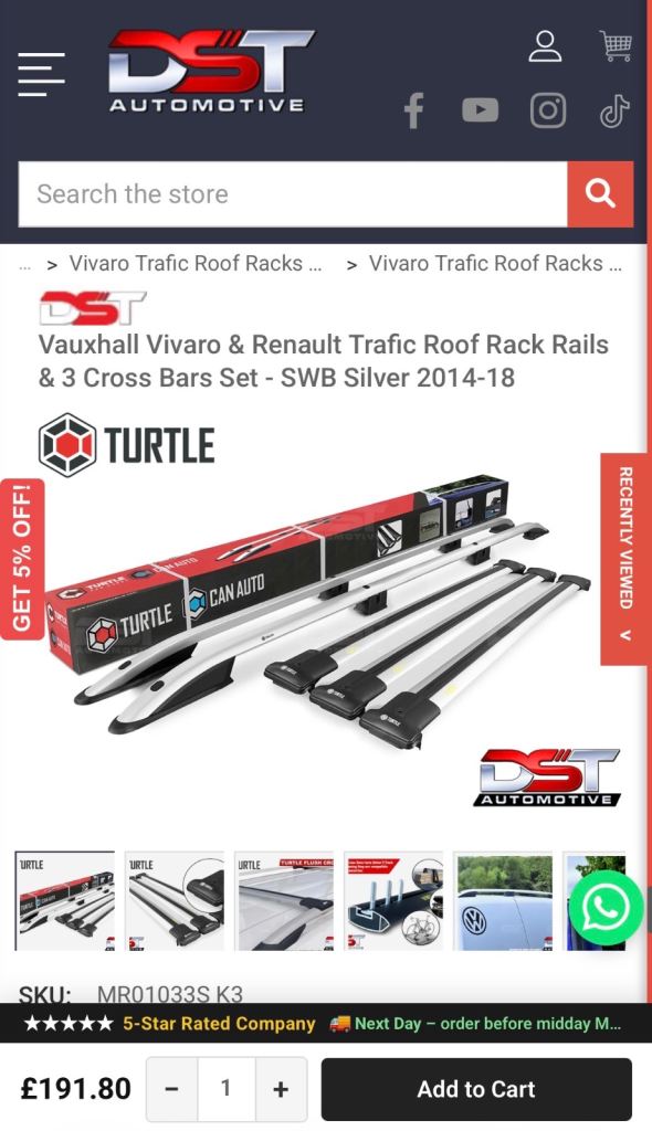 Vauxhall vivaro Turtle roof rack rails with cross bars