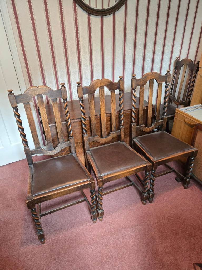 Vintage Solid Oak Dining Table and 4 Chairs Carved Spiral Design Folding Leaf
