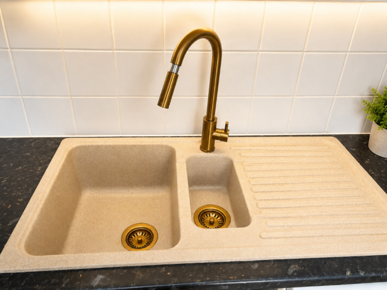 Composite one and half bowl sink with gold basins  and 2 mode faucet 