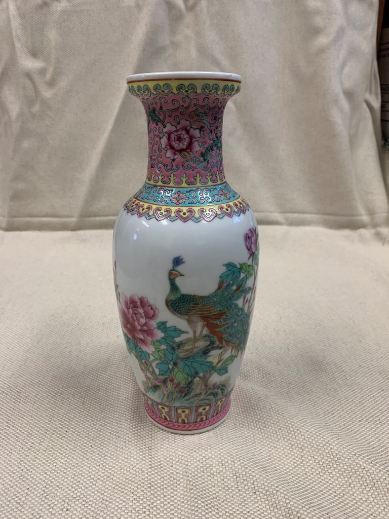 Chinese Porcelain Vase Peacock & Peony Design Pink Border Decorative Vase