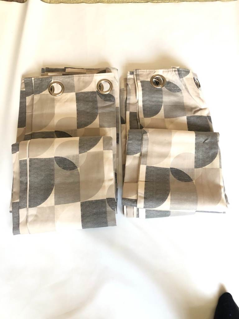 Pair of Eyelet Curtains – Grey and Beige Pattern, Dunelm, lined 228x228cm