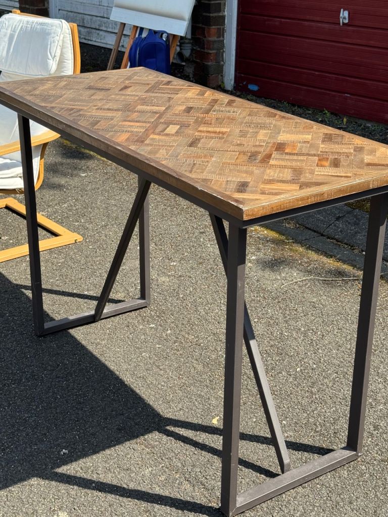 Industrial Bar/Dining Table with Parquet-Style Top