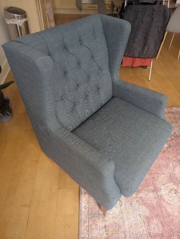 Blue Tufted Wingback Armchair Solid Wood Legs, Great Condition