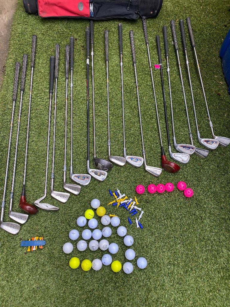 Set of Golf clubs and bag, few balls etc 