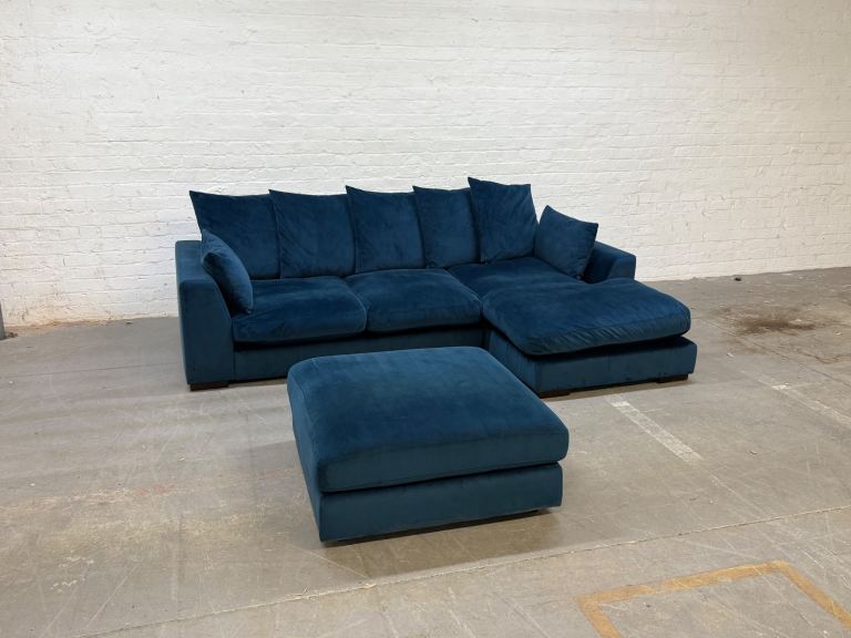 image for DFS Small Plush Velvet Corner Sofa with Matching Footstool RRP: £1,698