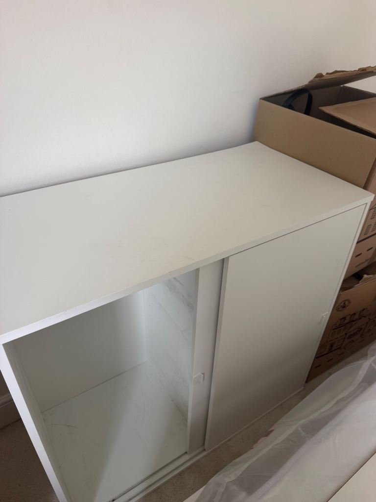 White Storage Cabinet with Sliding Door – Good Condition