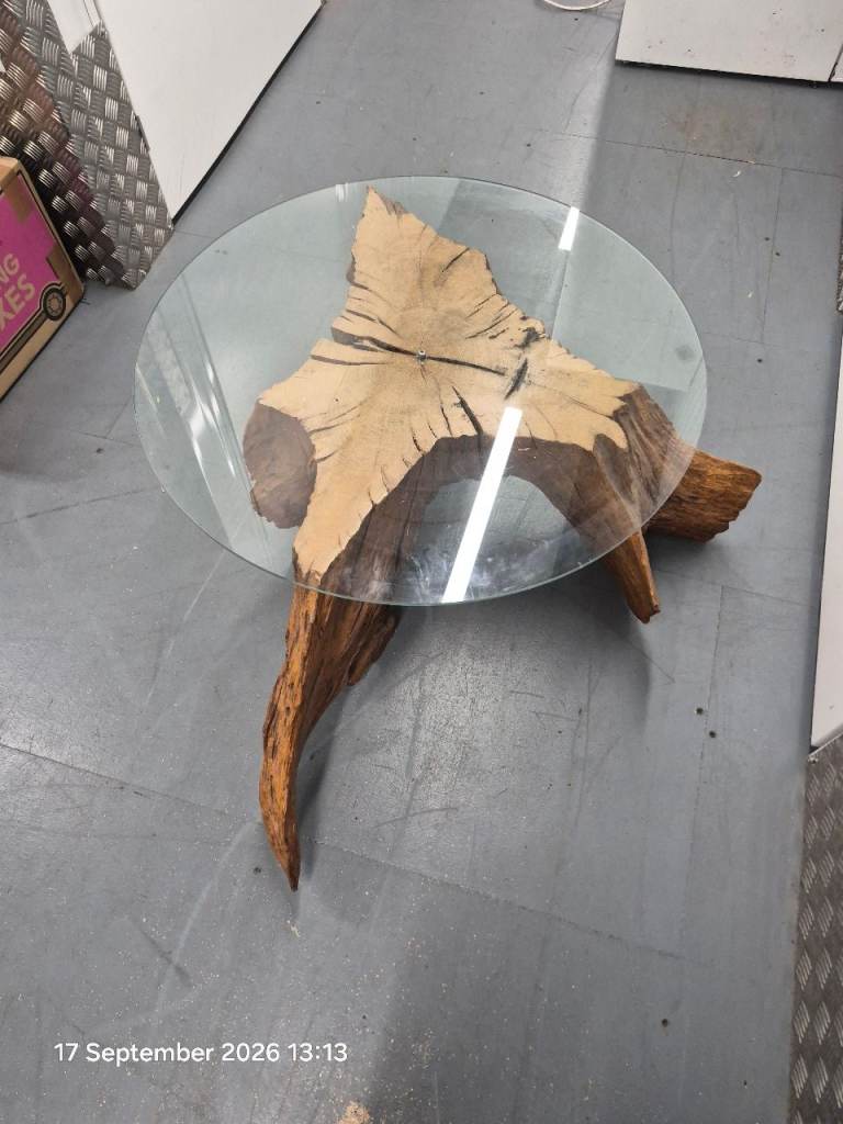 (Open to offers) Tree root round glass top coffee table
