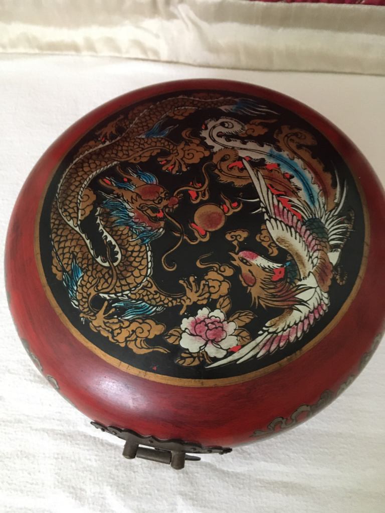 Feng Shui Chinese Dragon & Phoenix Round Wooden Storage Box Jewellery