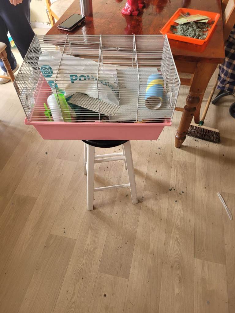Small Pet Cage with Pink Base and Accessories