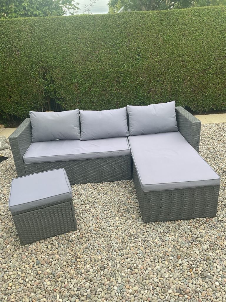 Grey Rattan Garden Sofa Set with Storage Box – Good Condition