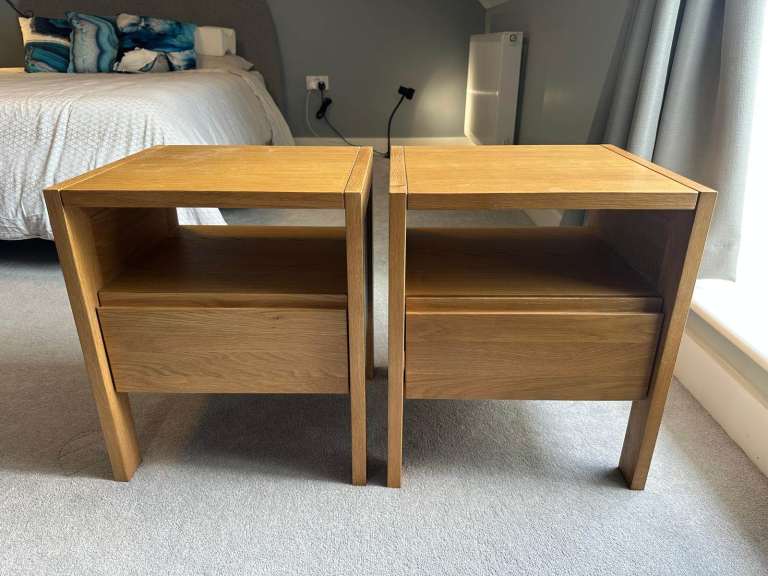 MADE[com] Ledger Bedside Tables x2 - Oak Solid Wood Drawer + Shelf