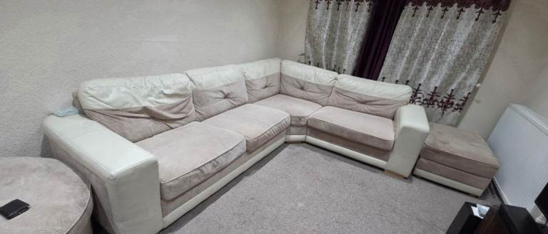 Fabric & leather corner sofa, 2 x foot rest, 1 x arm chair plus 1 x swivel round arm chair