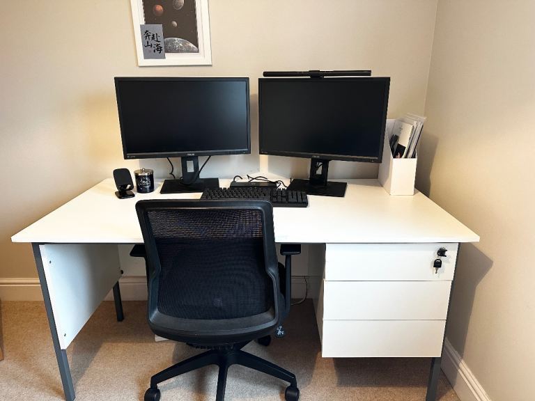 White Office Desk with Drawers and Black Office Chair