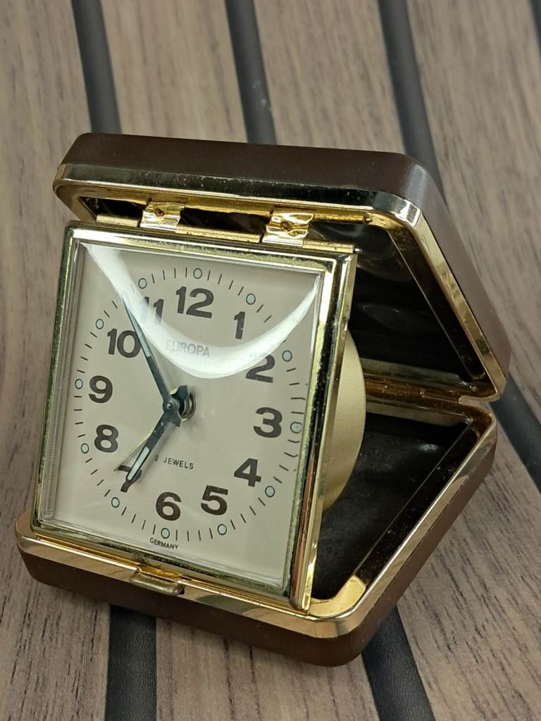 Vintage Brass Europa 2 Jewels Travel Folding Alarm Clock ..Germany.