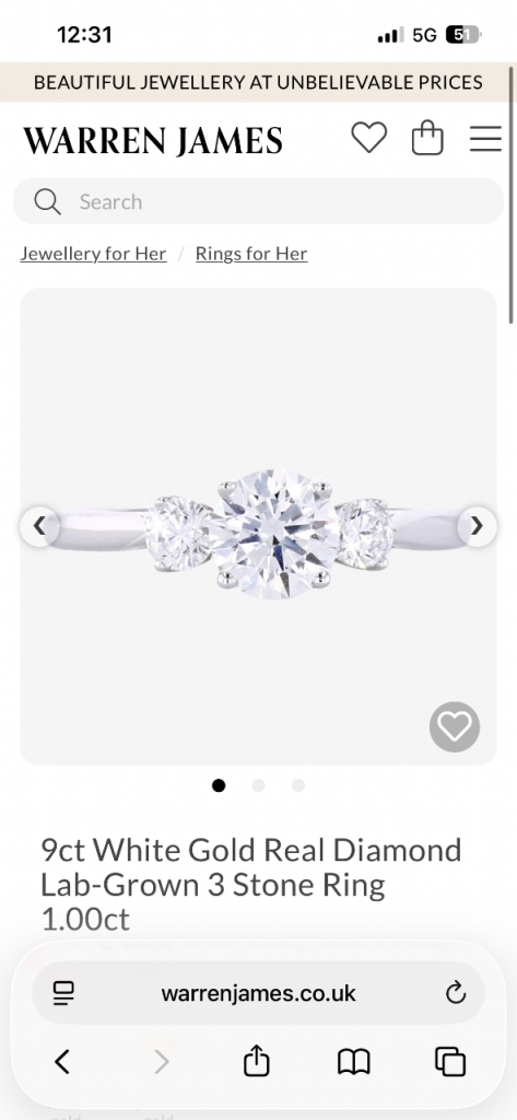 Warren James 9ct White Gold Lab-Grown 3 Stone Ring 1.00ct