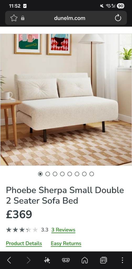 Dunelm Phoebe Sherpa Small Double Sofa Bed – 2 Seater | Cream/Beige | London