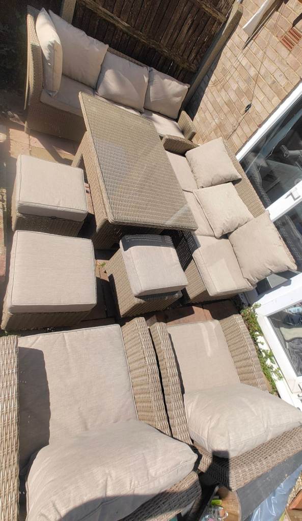 Outdoor garden dining set - corner sofa, stools, chairs, glass top table