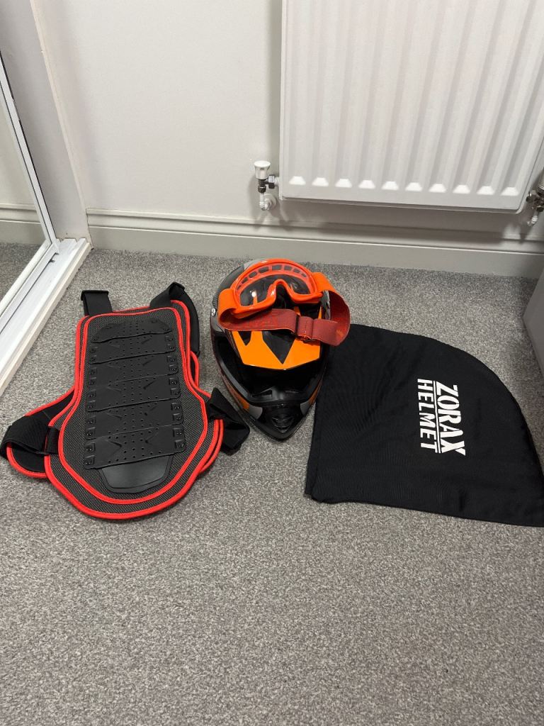Motocross helmet, goggles and chest plate 