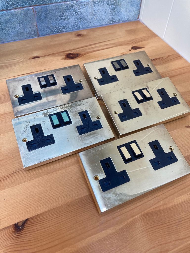 Brass Double Plug Sockets with Black Inserts - Good Condition
