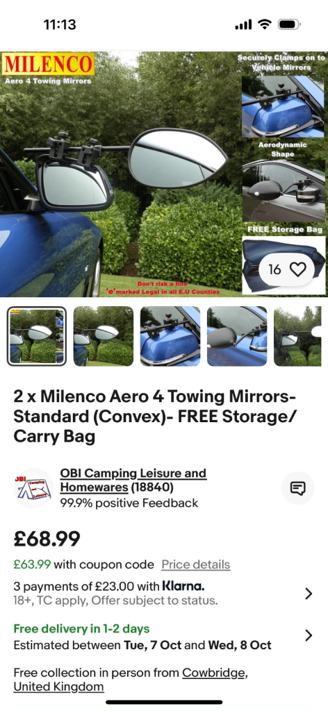 New caravan Towing mirrors Milenco Aero 4 