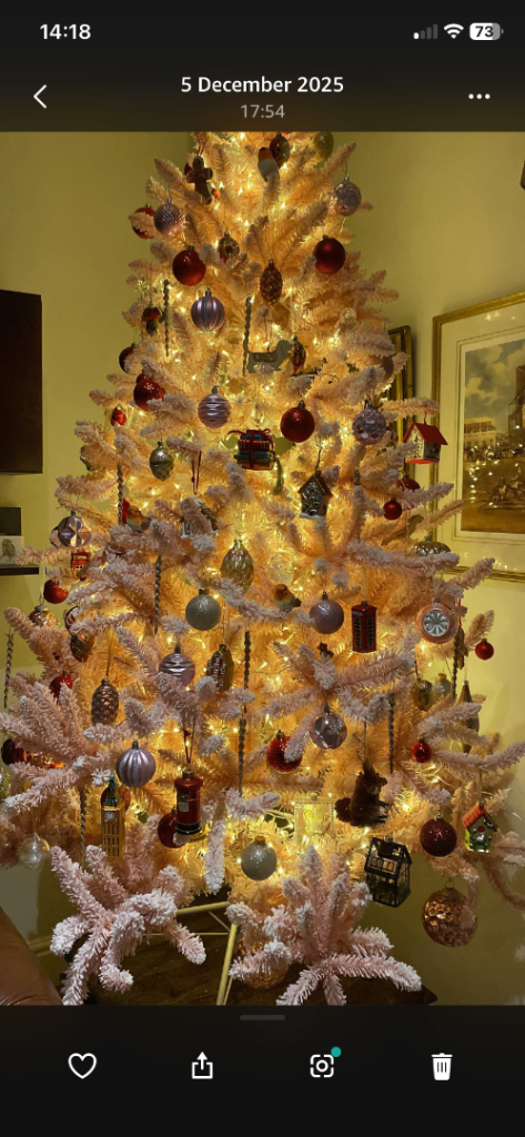 Pink flock 7ft Christmas tree with lights. 
