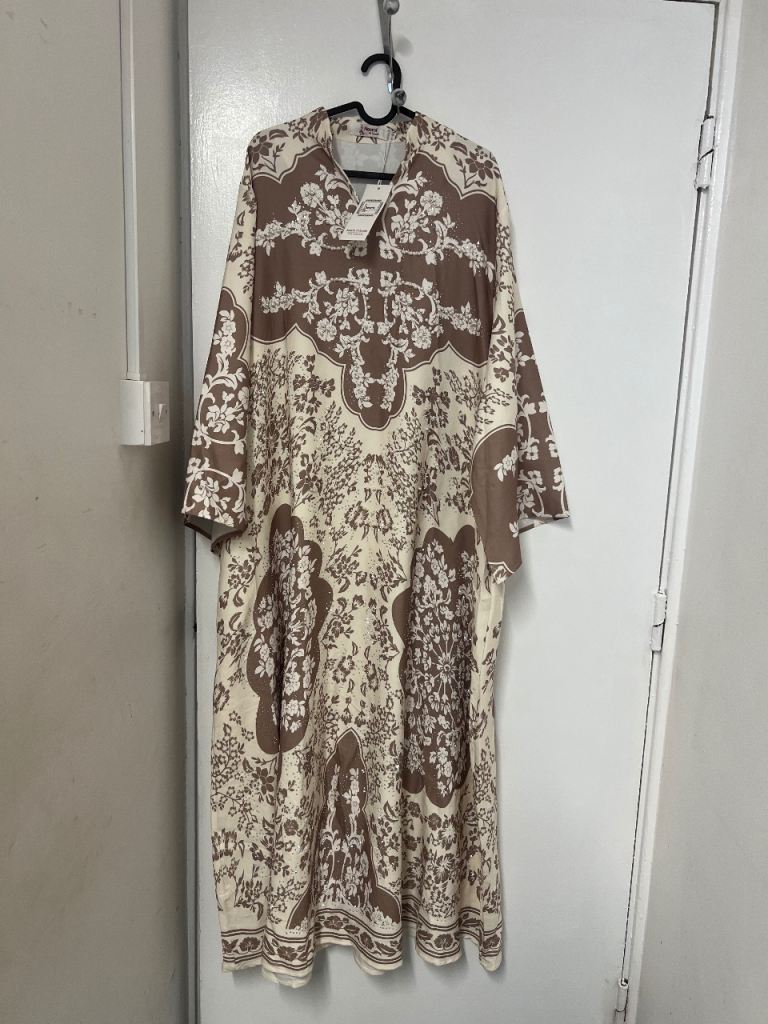 Nesmt Al Turath Jalabiya | Cream & Mocha Floral Print with Pearl & Crystal Detail | New XL
