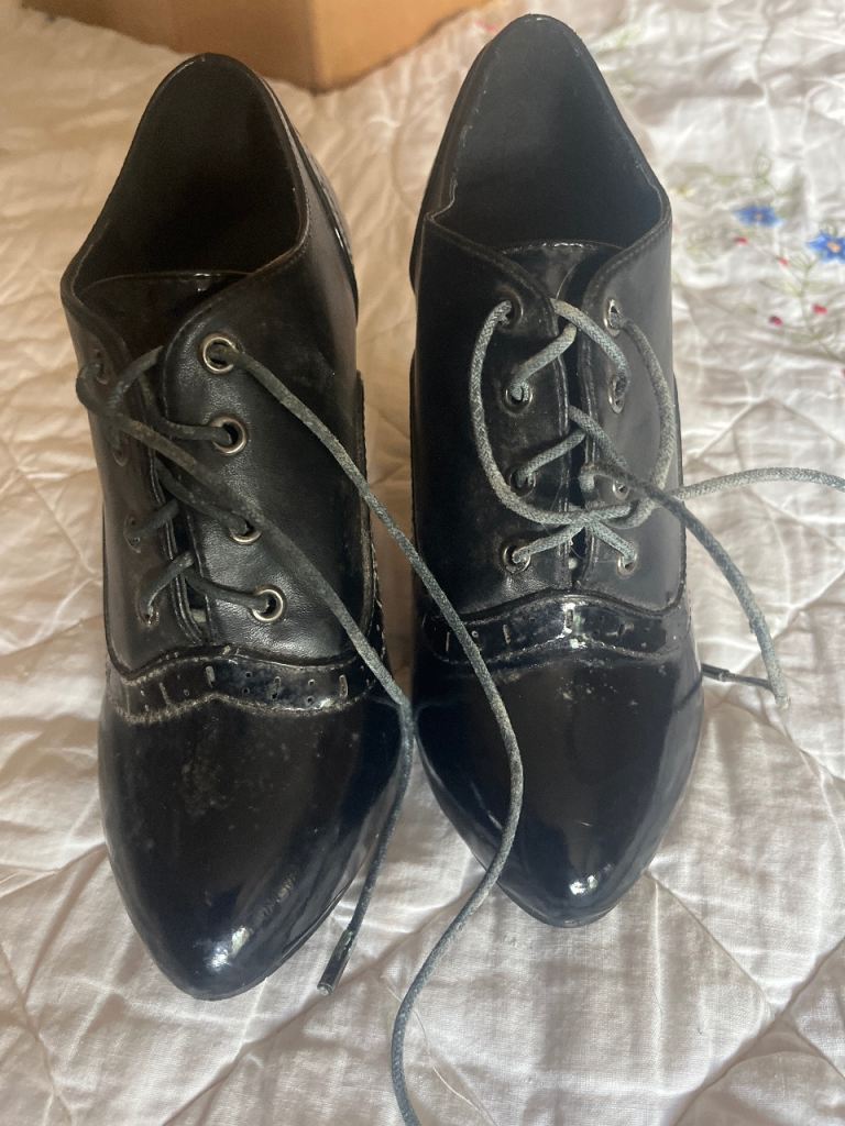 Black Patent Leather Lace-Up Ankle Boots – Fair Condition