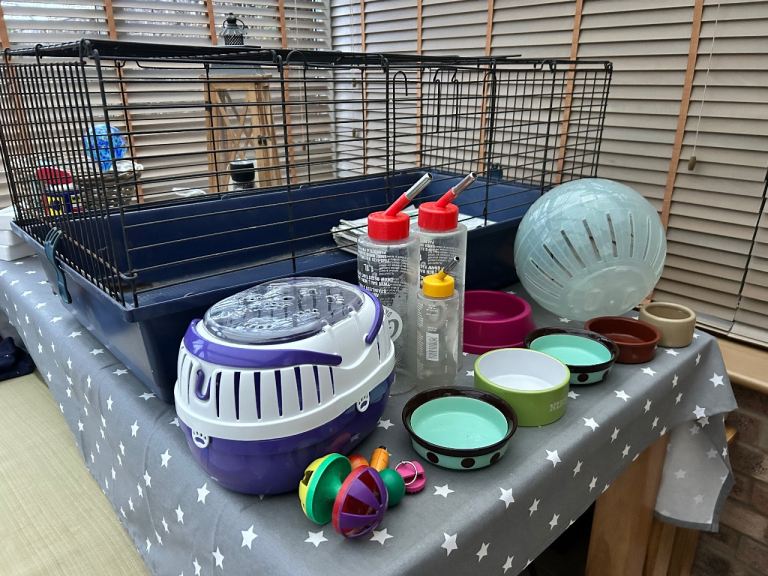 Cage, carrier, ball, bottles, bowls and toys