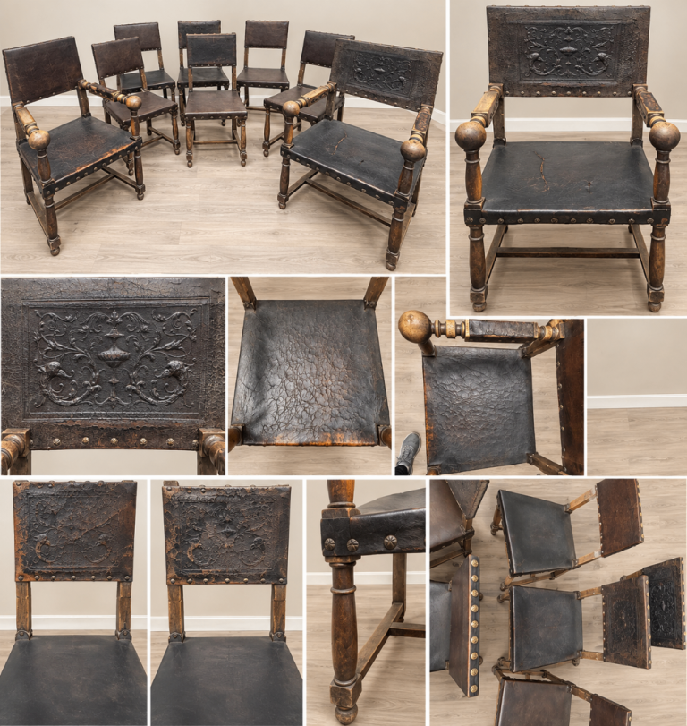 Antique Jacobean Revival Oak & Leather Dining Chairs + Carvers – Restoration Project
