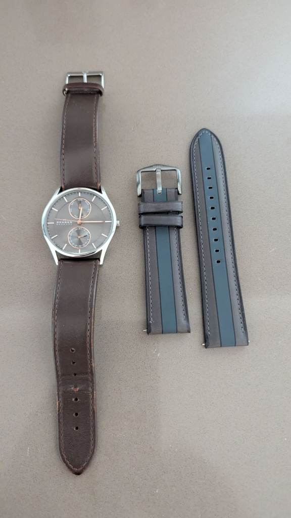 SKAGEN SKW6086 Men's Holst Single Chronograph Leather Strap Watch, Brown/Grey & spare FOSSIL strap