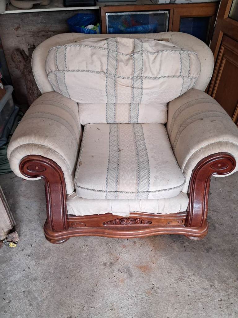 Cream Upholstered Armchair with Carved Wood Frame