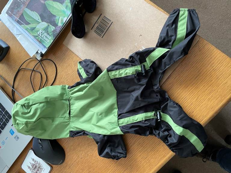 Waterproof Dog Coat with leggings and hood.