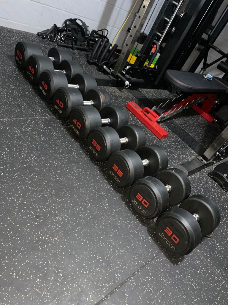 image for 350kg Jordan urethane dumbbells set 2x 30kg, 2x 35kg, 2x 40kg, 2x 45kg & 1x 50kg