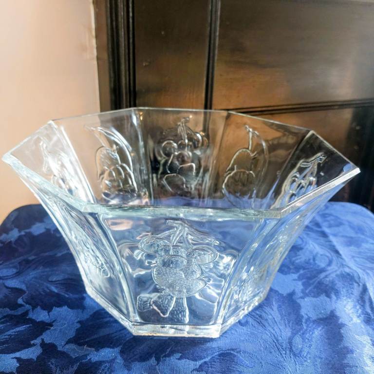 Large Vintage French Octagonal Embossed Glass Salad Bowl