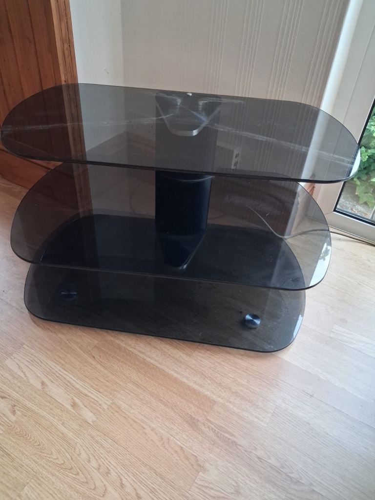 Black Glass 3-Tier TV Stand – Good Condition