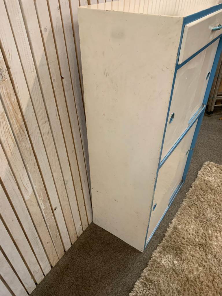 Kitchen Cabinet / Larder. Vintage 1950s in White +Blue Edge (Restoration Work Required)