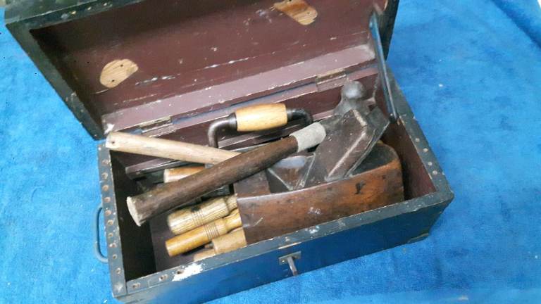 Tool Box with chisels / gouges hand saw hammers box plane joiner carpenter workshop tools