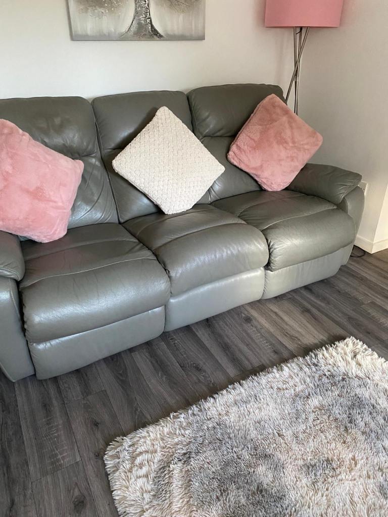 Free to collect Grey leather 3 and 2 seater reclining sofas 
