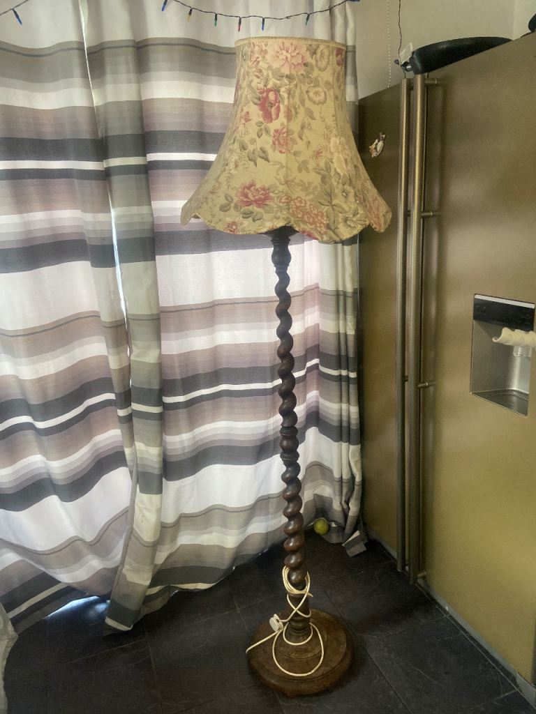 image for Vintage  wooden barley twist floor lamp with a floral fabric shade