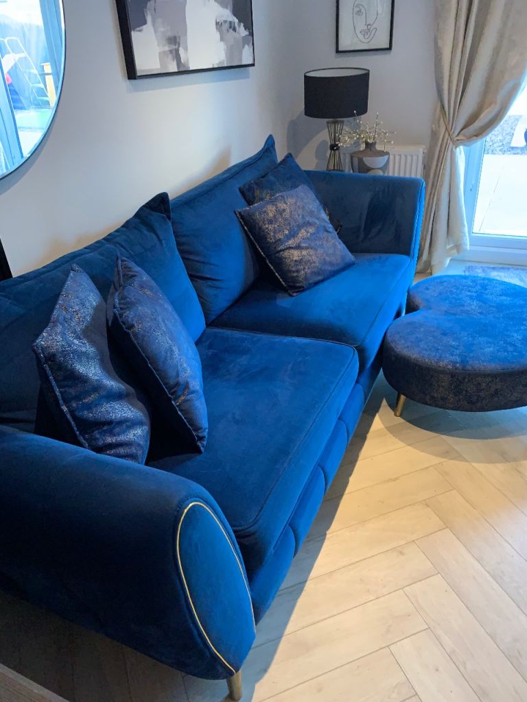 Stunning Royal Blue Velvet Sofa, Gold Trim Detail, Like NEW!