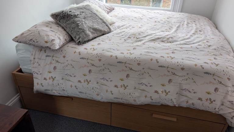 IKEA BRIMNES Double Bed with Storage + HAMARVIK Mattress + Mattress Cover