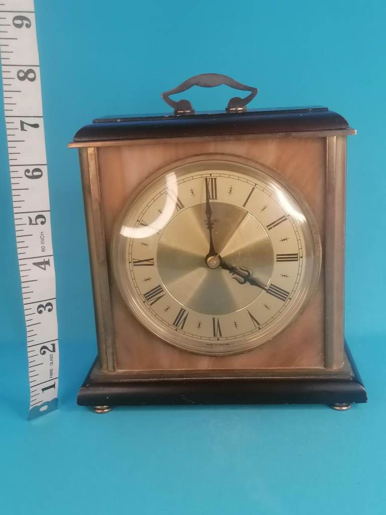 Vintage Metamec C Battery Carriage Clock Brass Bound Faux Onyx Marble. 