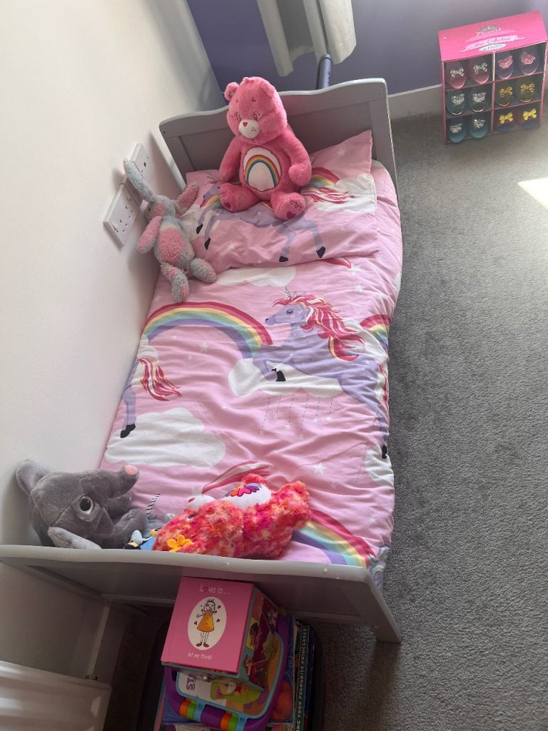 Toddler Bed with Mattress – Grey, Good Condition