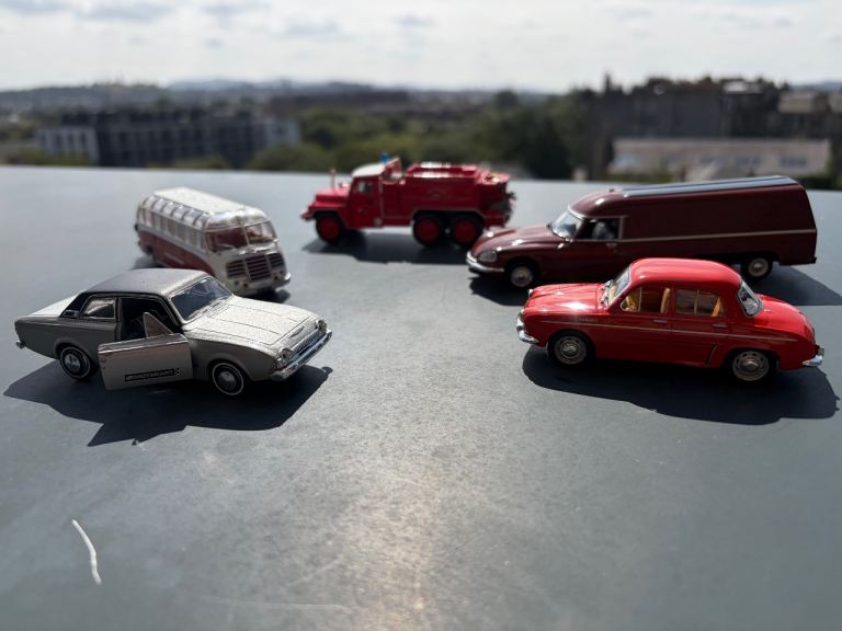 Set of 5 Vintage Diecast Model Cars & Commercials – Citroen Tissier, Setra Bus, ACMAT 6x6