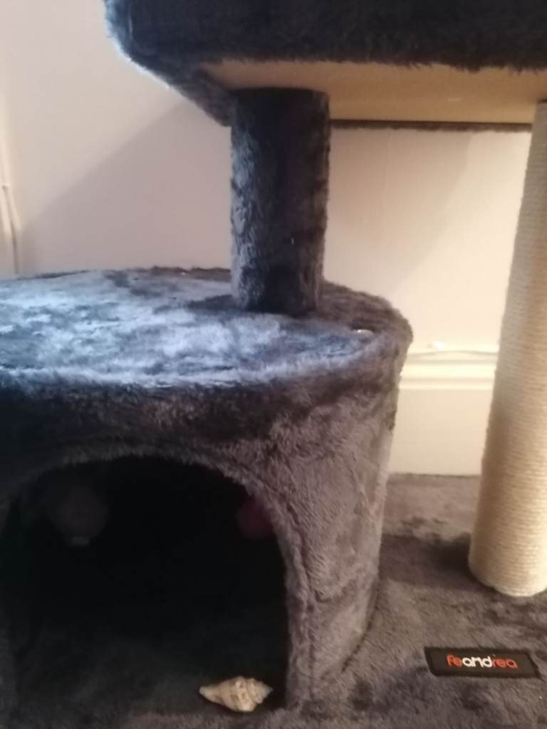 Small soft furry dark grey cat tree 